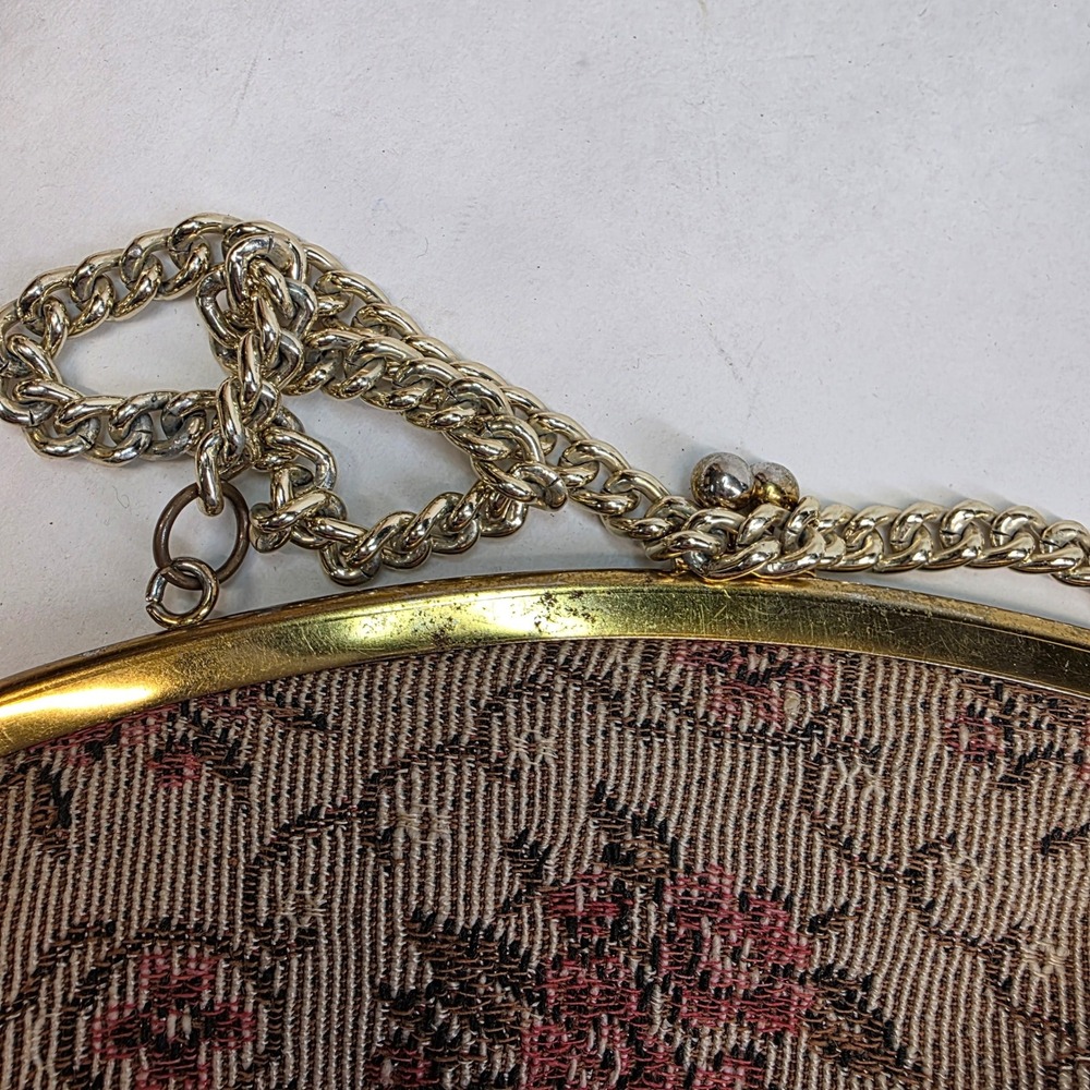 Vintage Floral‎ Tapestry Handbag Medium Pink Gold Kiss Lock Evening Bag Clutch - Picture 9 of 10